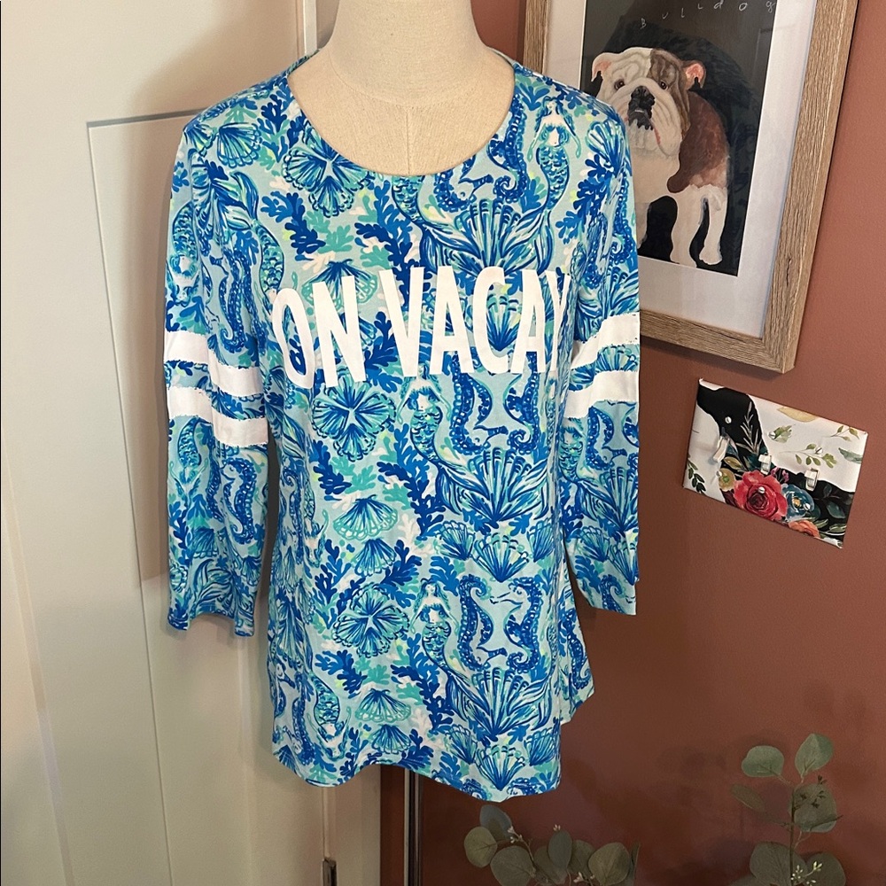 Lilly Pulitzer Mermaid Ollie Blue Teal White “Seeing Double” M Long Sleeve Top - Picture 11 of 12